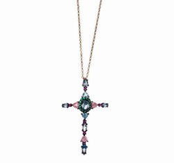 Cruz de plata rosada con cristales de colores