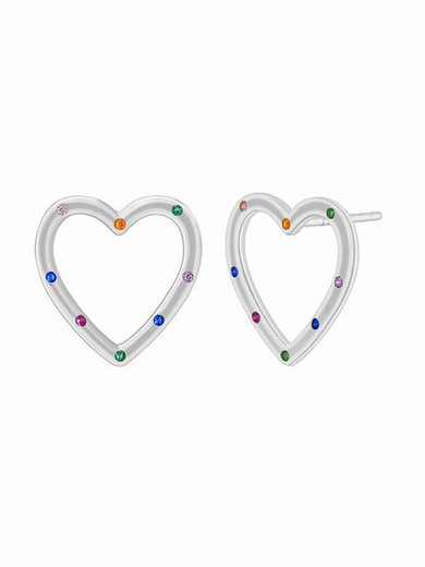 Brinco de prata em formato de coração com zircônias coloridas