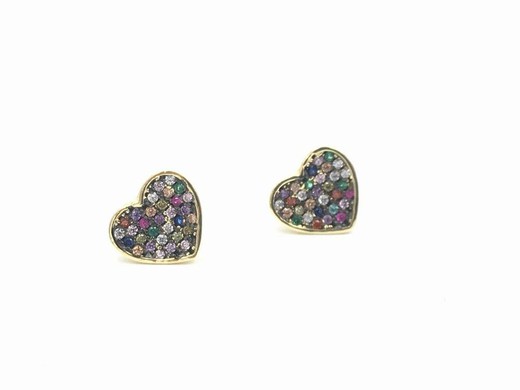 Pendientes de plata chapados en oro en forma de corazón con circonitas multicolor.