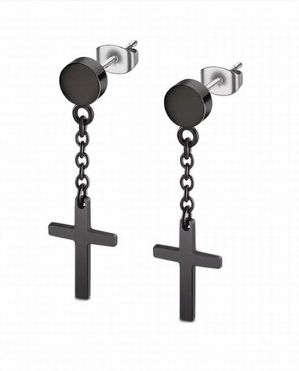 Pendientes largos Lotus en acero inoxidable Ip negro con cruz