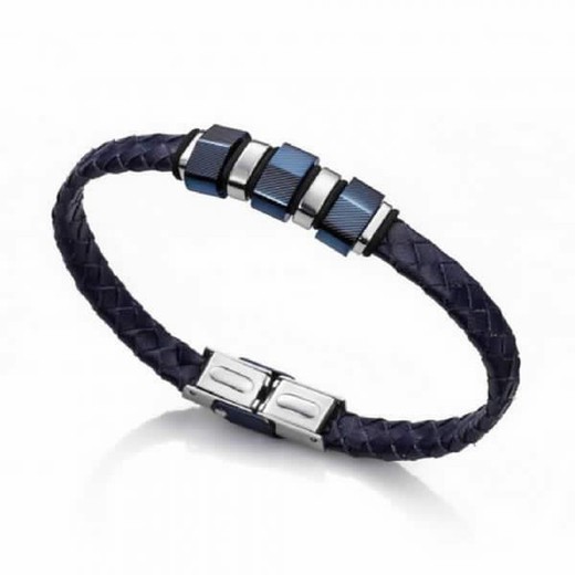 Bracelet en acier Viceroy combiné en Ip bleu et cuir noir