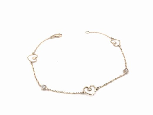 Pulsera de oro de ley con corazones y circonitas