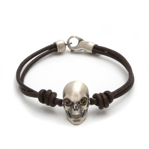 Silbernes Armband mit Totenkopf und braunem Zirkonia mit Leder