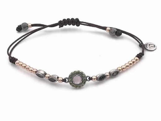 Pulseira de prata combinada com prata banhada a ouro rosa, quartzo e nylon.