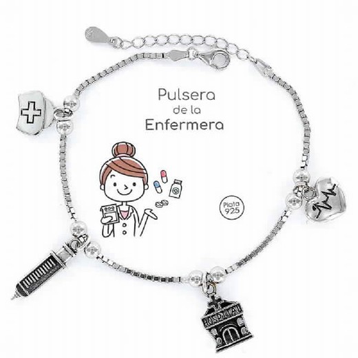 Pulsera plata rodiada con charms de enfermera