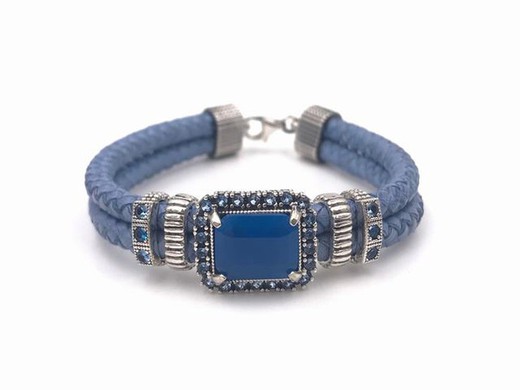 Pulsera Top Silver de cuero azul y calcedonia