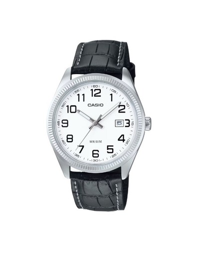 Reloj Casio Con correa de piel negra y esfera blanca MTP-1302PL