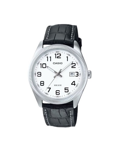 Casio-Uhr mit schwarzem Lederarmband und weißem Zifferblatt MTP-1302PL