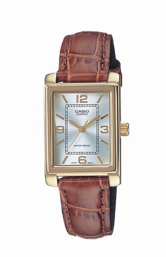 Relógio feminino Casio retangular dourado combinado com couro marrom