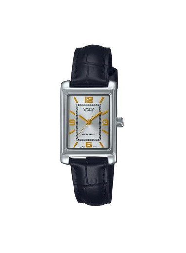 Relógio Casio feminino retangular prateado com couro preto