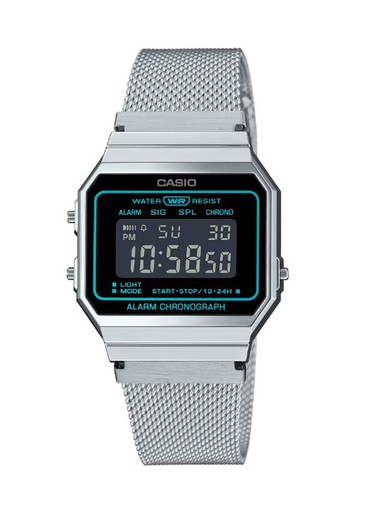 Reloj Casio digital vintage plateado con esterilla, esfera en negativo