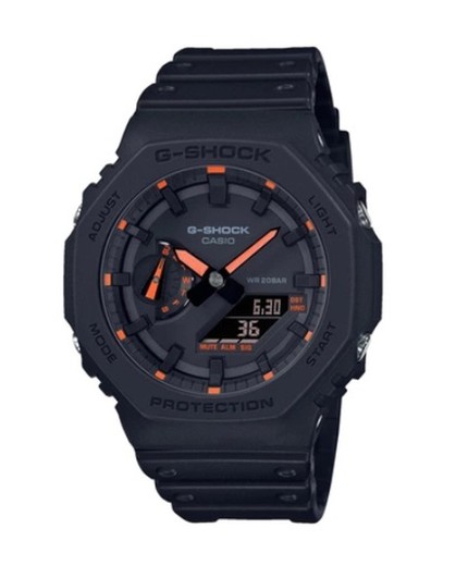 Casio G-Shock schwarze Uhr mit orangefarbenen Zeigern