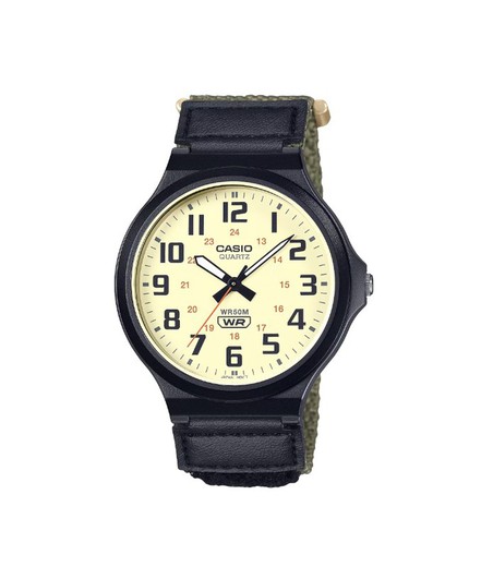 Relógio Casio preto com mostrador bege e pulseira de náilon