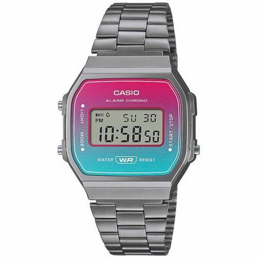 Relógio Ip digital unissex Casio cinza com mostrador rosa e azul esverdeado