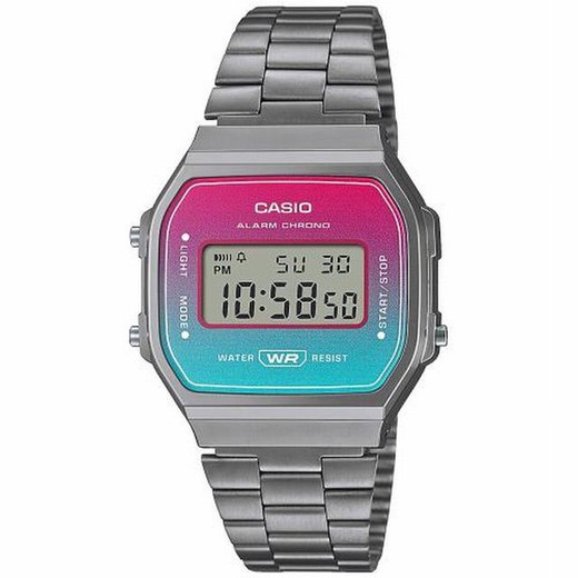 Casio Unisex-IP-Grau-Digitaluhr mit rosa und grünblauem Zifferblatt