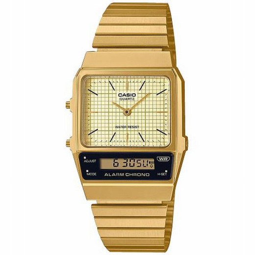 Casio Unisex-Doppelzeituhr mit schwarzem Zifferblatt in Gold