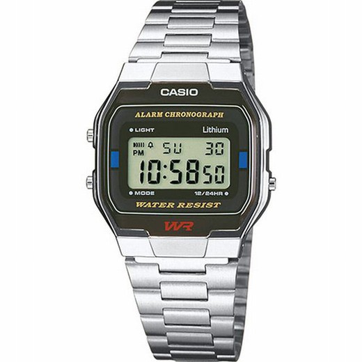 Reloj Casio unisex plateado bisel negro y azul