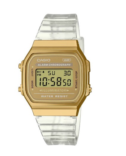 Montre Casio unisexe vintage dorée avec bracelet transparent
