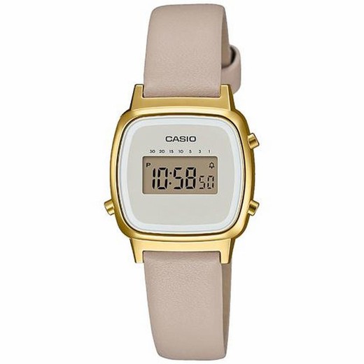 Reloj Casio vintage digital con caja dorada y brazalete beige