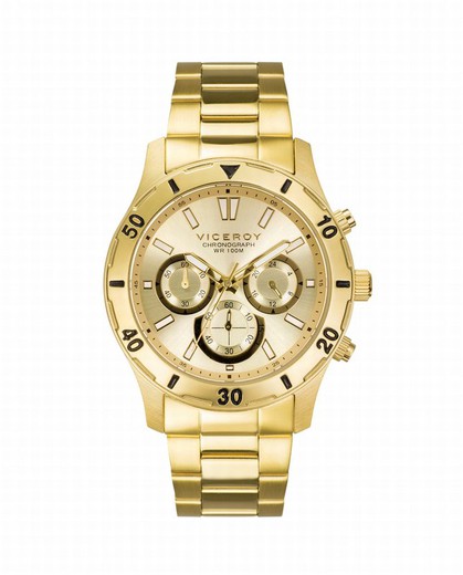 Reloj de hombre acero Ip dorado con esfera dorada y cronografo