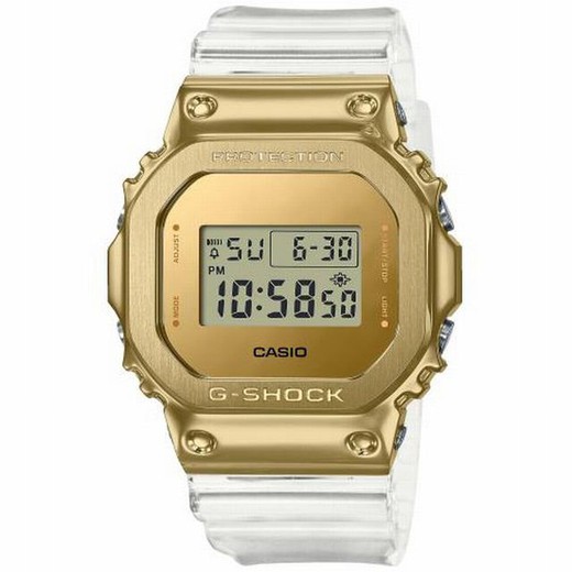 Relógio quadrado masculino Casio com pulseira transparente e caixa dourada