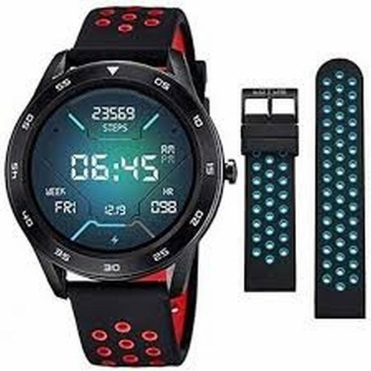 Lotus Smartwatch Herrenuhr mit zwei Bändern, schwarz/rotes Silikon und schwarzes Silikon. Mit Lautsprecher und Mikrofon.