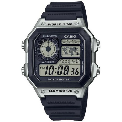 Reloj digital Casio cuadrado con horario mundial negro y gris