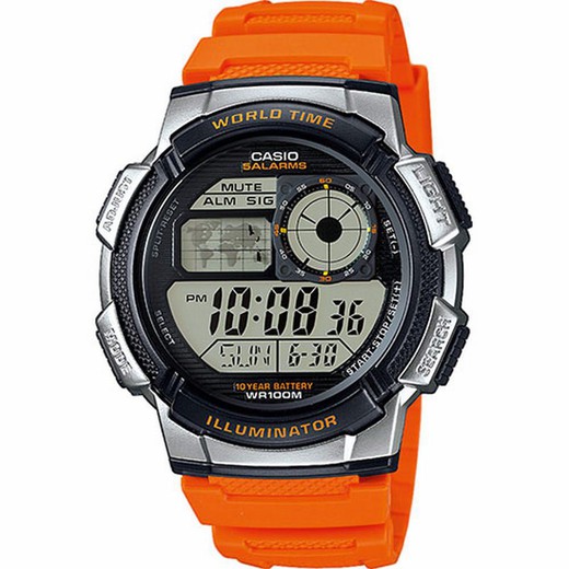 Reloj digital Casio naranja con horario mundial