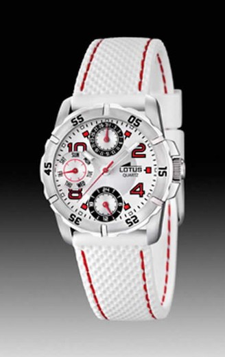 Relógio de lótus infantil com pulseira branca e costura vermelha