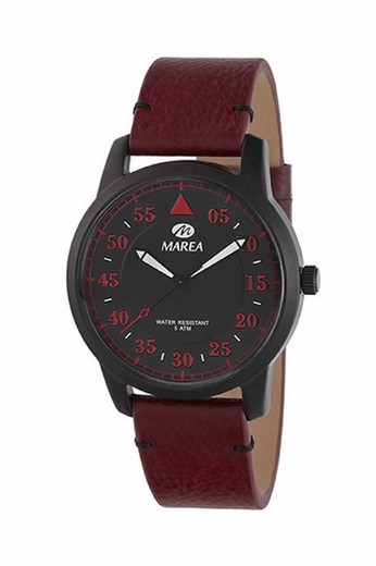 Relógio de maré masculino com pulseira de couro vermelha e mostrador preto