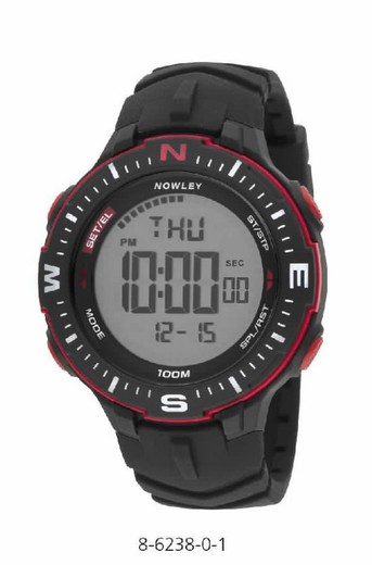 Reloj digital nowley de hombre con correa de silicona negra y motivos rojos