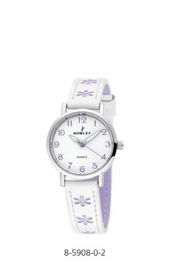 Relógio Nowley de menina com pulseira de couro branco e lilás