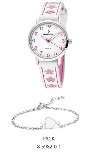 Relógio de menina Nowley com pulseira de couro branca e rosa