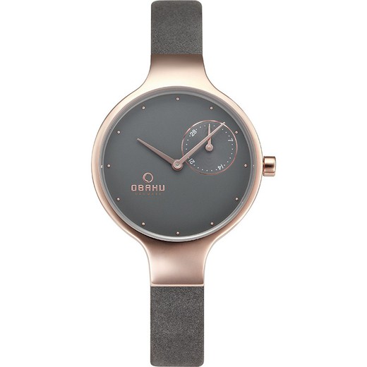 Relógio feminino Obaku com caixa Ip rosa, pulseira e mostrador cinza