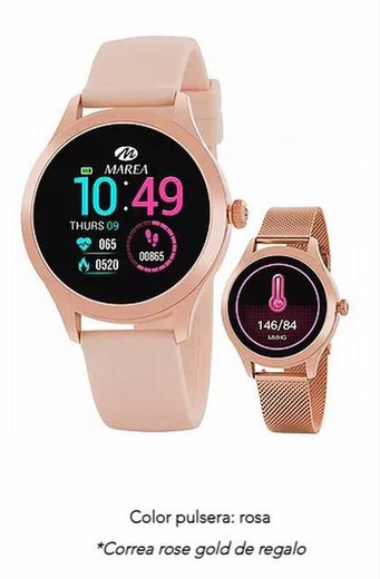 Relógio Marea Smartwatch com pulseira de silicone rosa nude e tapete rosa