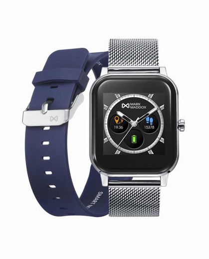 Reloj Smartwatch rectangular de acero con correa de silicona y esterilla