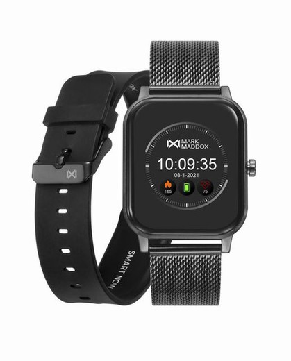 Reloj Smartwatch rectangular negro con correa de silicona y esterilla