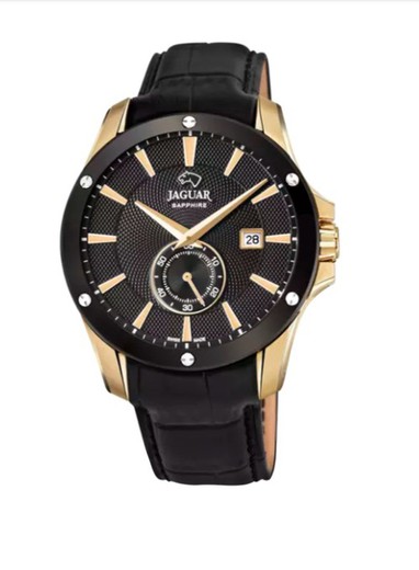 Relógio suíço Jaguar com pulseira de couro preta e caixa dourada combinada