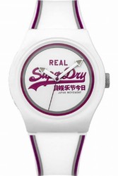 Superdry Damenuhr mit weißem Armband und lila Streifen