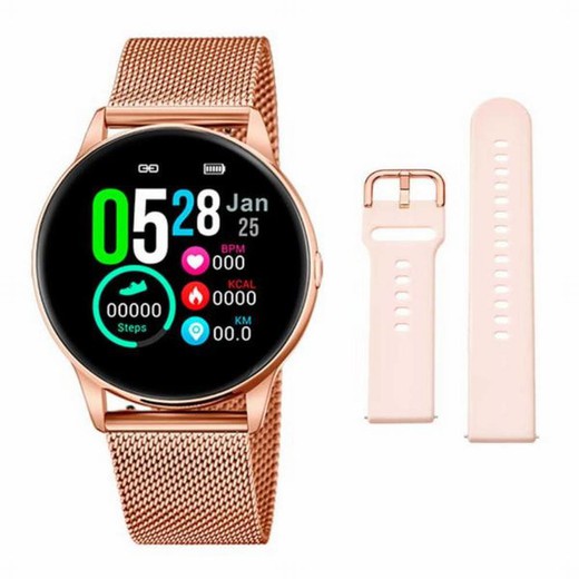 Relógio smartwatch Lotus com duas pulseiras de silicone rosa nude e tapete rosa