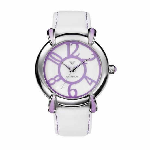 Relógio feminino com couro branco e mostrador branco e lilás