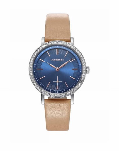 Reloj Viceroy de mujer con correa de piel marron y esfera azul con circonitas