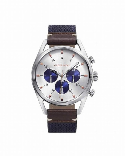 Relógio masculino Viceroy com pulseira combinada em nylon azul e couro marrom.