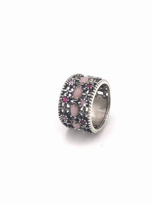 Anillo ancho de Top Silver con ópalo rosa y circonitas