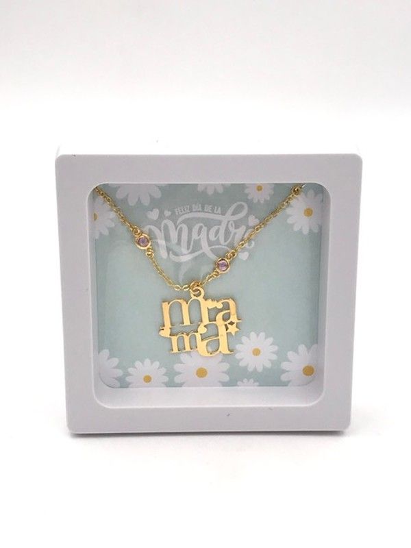 Colgante de plata chapado en oro con la palabra Mamá y motivos rosas