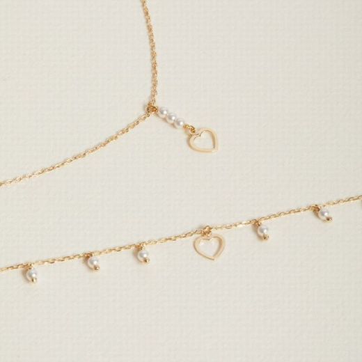 Pendentif en argent massif plaqué or avec perles et coeur ajouré