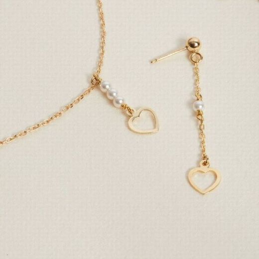 Pendentif en argent massif plaqué or avec perles et coeur ajouré