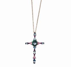Cruz de plata rosada con cristales de colores
