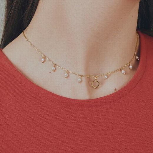 Vergoldeter Halsreif aus Sterlingsilber mit Perlen und durchbrochenem Herz