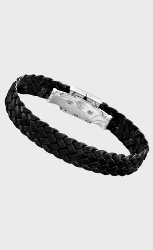 Bracelet Lotus en acier et cuir tressé noir